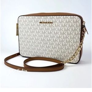 Michael Kors signature large jet set chain crossbody vanilla gold/white